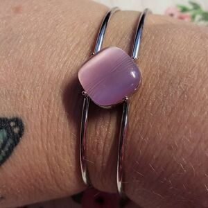 Silver Double Ring Cuff Bracelet w/ Sweet Heart Pink Iridescent Glass Stone